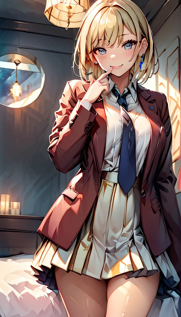 (Highest quality:1.2, High detail, masterpiece:1.2, Best aesthetics), (1 Girl), Cowboy Shot,red jacket,white shirt,white miniskirt,black long socks,brown heels,blue tie,Kushida kikyou, Beautiful detailed eyes, Beautiful detailed lips, Highly detailed face, Detailed Fashion, elegant, luxury, High quality fabric, Shine, Shine, smile, Random Pause, Dutch Angle, classroom, night, Dramatic lighting, Cinematic, Bright colors, Intricate details, Chiaroscuro lighting.,large breasts ,blonde hair, light purple eyes,red nails,finger in mouth, teacher desk, sitting on teacher desk,people on background,lift her skirt up to show thongs,thongs,lifted skirt,hold her skirt lifted