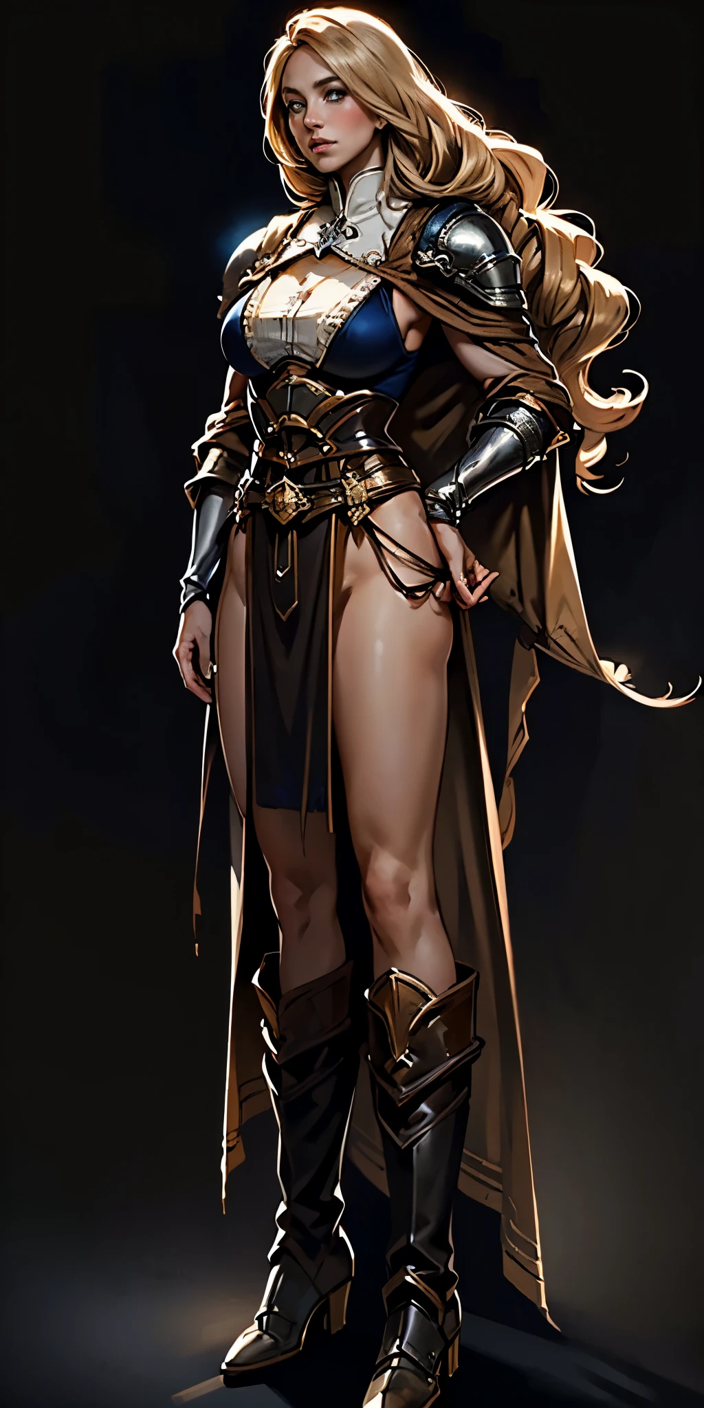 (masterpiece, best quality) (black background) full body standind straight symmetrical, FEMALE warrior princess Mercedez Von Martritz, twin big belt around waist, long curly blonde hair, very white skin, female wearing full body bikini armor with red cape, brown leather boots, adventurer outfit, veteran warrior milf bimbo