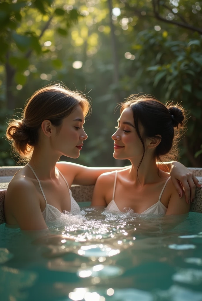 2 white caucasian girls, squeezing butt, 18 years old, smiling, flirty, standing in jacuzzi, shallow water, making out, full butt showing, both girls showing butt, view from side, athletic body, long wavy hair), (Portrait, wide zoom-out), (Masterpiece, high quality, high resolution, volumetric lighting, subsurface scattering, 8k, dim-lighting, dark lights, moonlit, Beautiful women, college students, sexy silk bras, (perfect medium-size round butt), (medium-breasts), headband, luxury, luxurious bedroom, sexy pose, tiny red g-string underwear, perfect eyes, perfect hands, perfect hair, masterpiece, anatomically correct, textured skin, high details, high quality, best quality, highres, 16k, lots of steam and fog rising from jacuzzi water, kissing with tongue