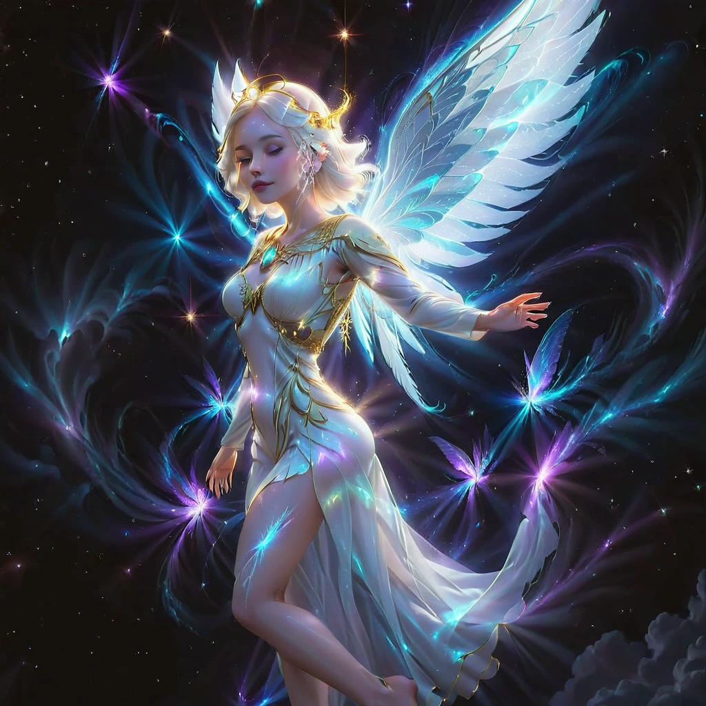 a woman with white hair and wings flying through the air, astral fairy, big white glowing wings, elven angel meditating in space, of beautiful angel, glowing angelic being, magical fairy floating in space, ethereal angelic being of light, of an beautiful angel girl, ethereal wings, cosmic horror entity with wings, angelical, beautiful cyborg angel girl, angel spirit guide