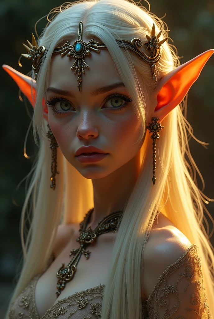 Extremely beautiful female elf sorcerer with gold horns, long light blonde hair, a gold star on her forehead, and glowing yellow eyes.