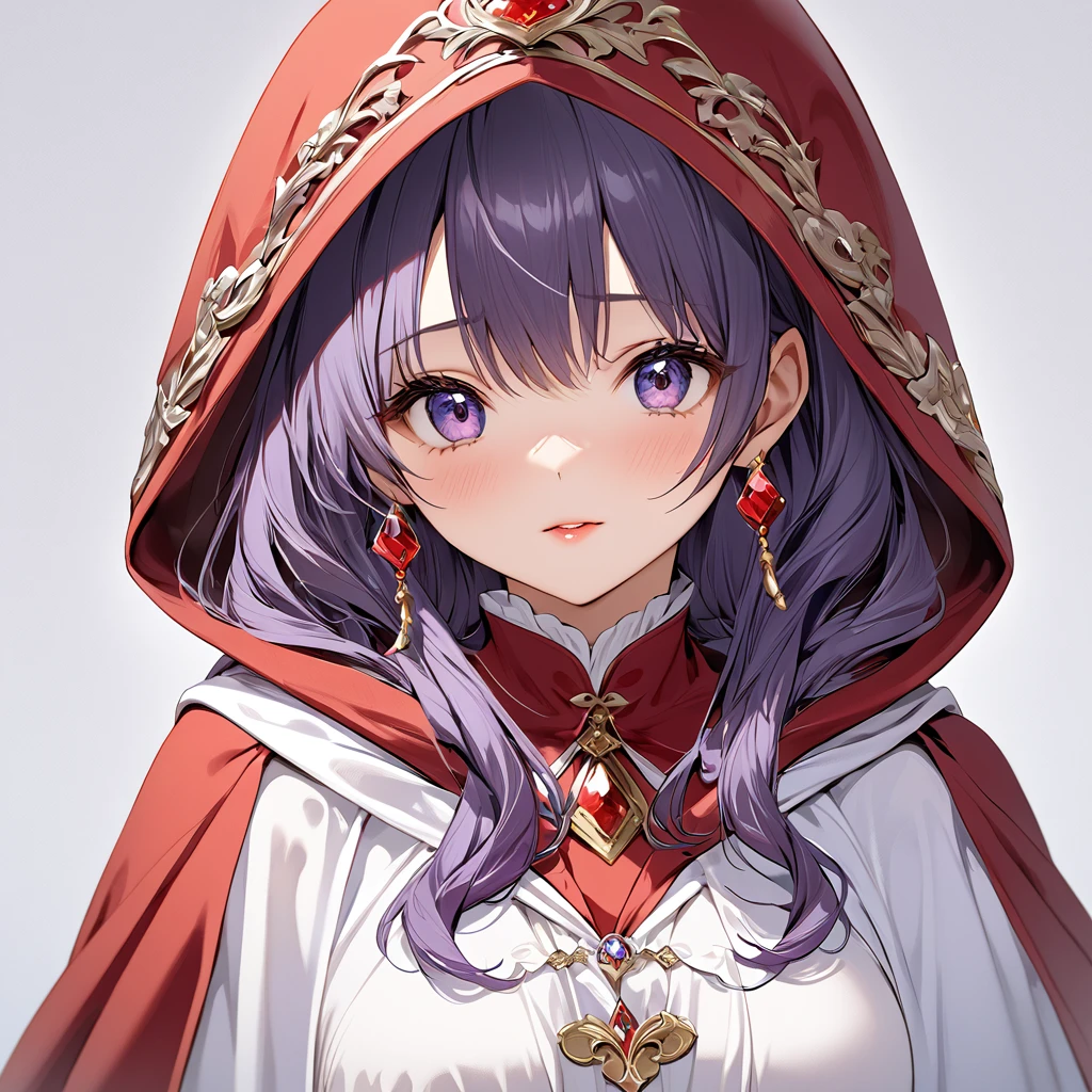 ((Highest quality)), ((masterpiece)), (detailed), （Perfect Face）、The woman is the princess of Moonbrooke and wears a white robe and a red hooded cloak.