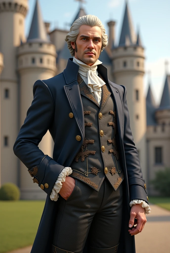 Blonde short-haired middle-aged graceful lord with graceful body、Bold smile Nice middle in an aristocratic costume with a very mild-mannered face Blonde beard smile under the nose Blue eyes In front of a large mansion Wide lawn Forests and mountains in the distance々 realisitic accurate detail unrealengine