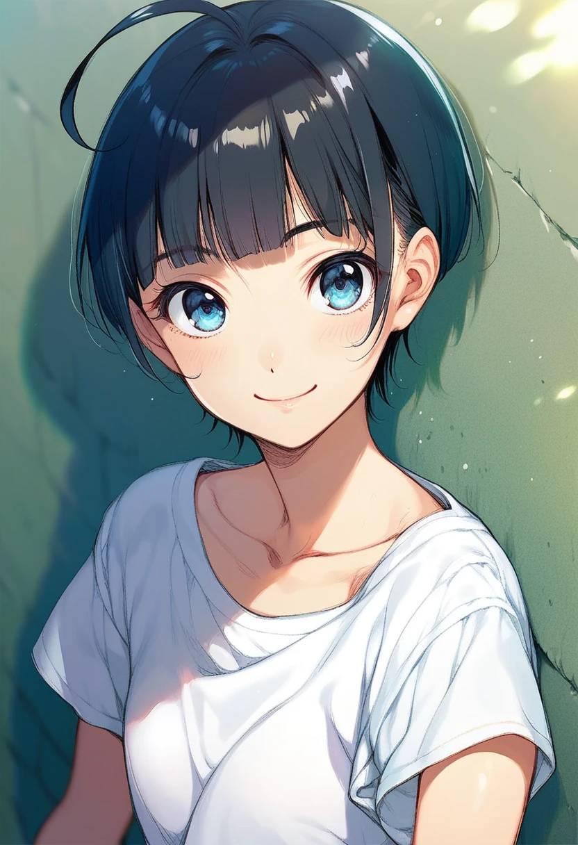 score_9,score_8_up,score_7_up,score_6_up BREAK official art,solo,outdoors,upper body,(portrait:1.5),looking at viewer,facing viewer,smile,(petite:1.5),Ichika,ahoge,short hair,black hair,bob cut,blunt bangs,blue eyes,collarbone,t-shirt,white shirt,short sleeves,denim shorts,shorts rolled up,bare legs,sneakers,blue footwear,