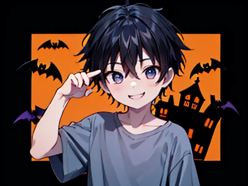 halloween, 1 boy, he is magician, he have a magic wang, Upper body shot only, He is wearing a grey shirt, He smiles gently, pumpkin