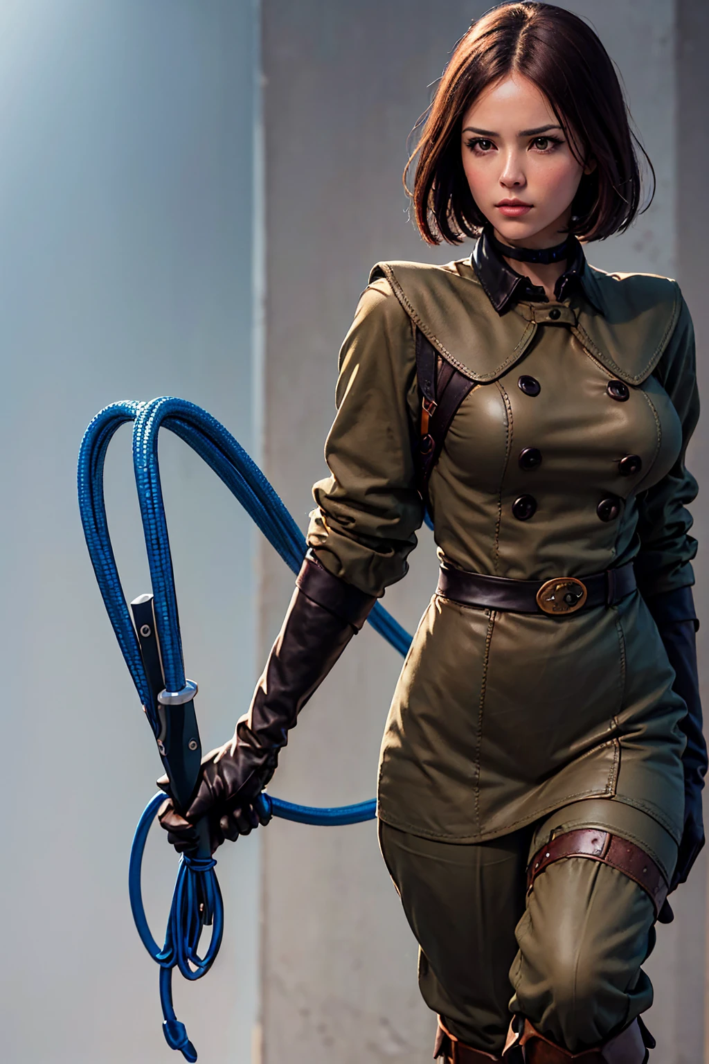 (Best image quality, highest quality, Highest Resolution, Ultra-Realistic Images, Very detailed, masterpiece, 8k), One Woman, Brown medium hair, Khaki military uniform, Leather gloves, Leather boots, ((holding a blue whip)), big Breasts, blush, serious look, Dynamic pose, Browsing Caution, half body, perfect face, whipping