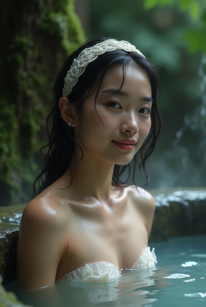 Best quality, masterpiece, super high resolution, a super model soaking in a hot spring in Japan, outdoor hot spring, stone hot spring, surrounded by moss and trees, super beautiful face, pure body, clear pores visible, (smile:0.8), wearing split (lace bandeau:1.2), (realism:1.5), original photo, soaked body, covered in sweat, bare shoulders, in the dark, deep shadows, low-key, cold light