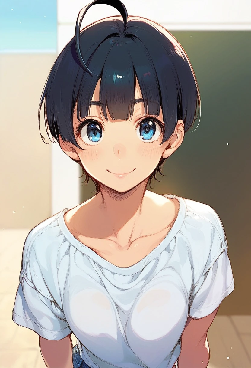 score_9,score_8_up,score_7_up,score_6_up BREAK official art,solo,outdoors,upper body,(portrait:1.5),looking at viewer,facing viewer,smile,Ichika,ahoge,short hair,black hair,bob cut,blunt bangs,blue eyes,collarbone,t-shirt,white shirt,short sleeves,denim shorts,shorts rolled up,bare legs,sneakers,blue footwear,