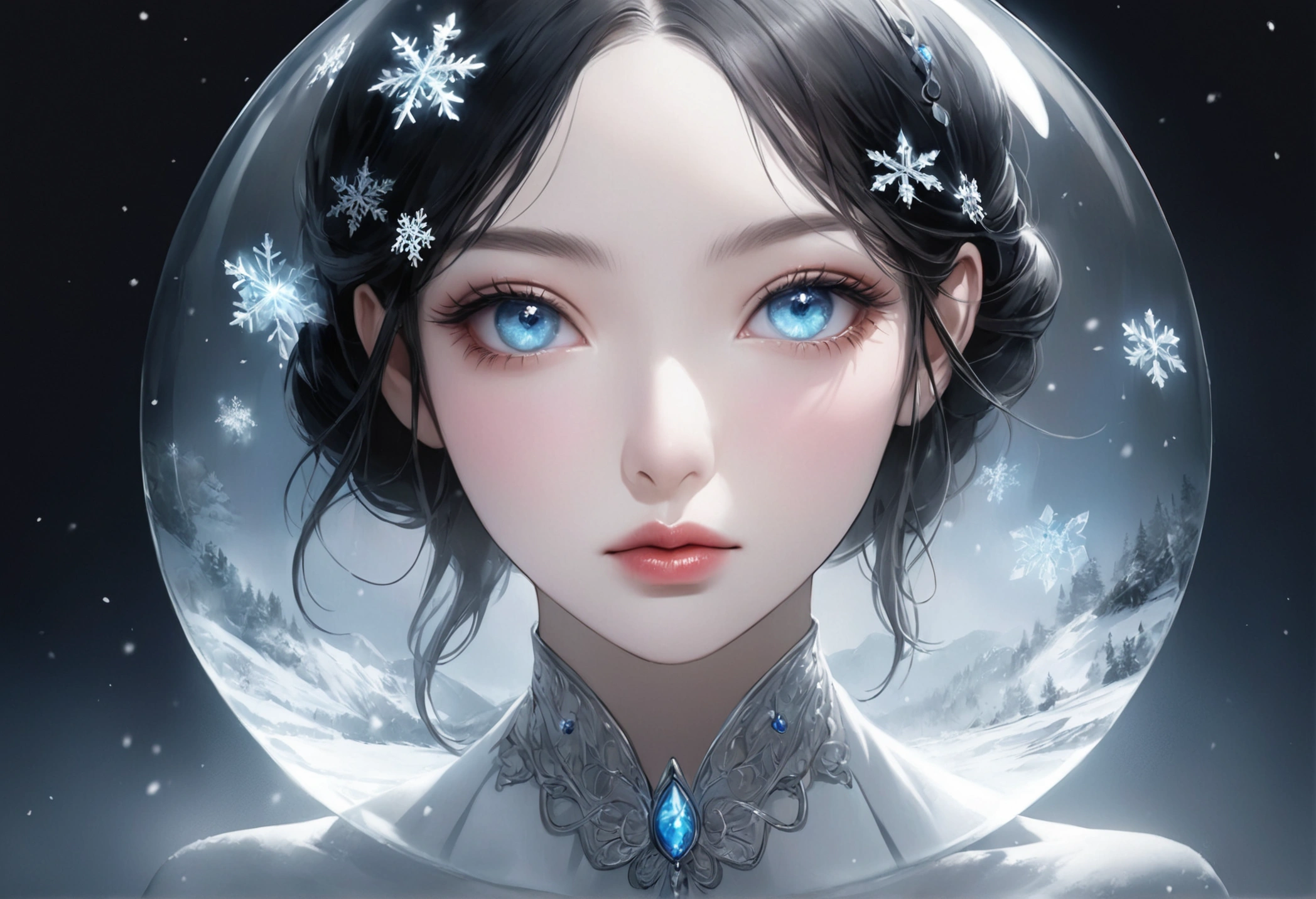Hikari is a girl with long black hair, Pele branca como a neve, blue eyes like sapphire, pink, plump lips with 1,59 tall