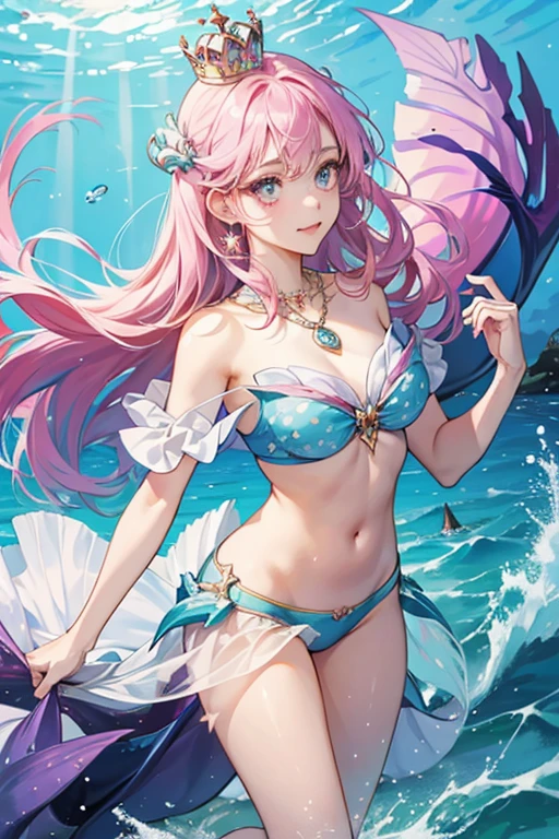 4K,A high resolution,A woman who is,Long pink blonde hair、Long hairs,mermaids,Green scales,Colossal ,little mermaids,Shell bra,Princess Crown,Pearl decoration,jewelry ornaments,ocean floor background,Under water、I laughed