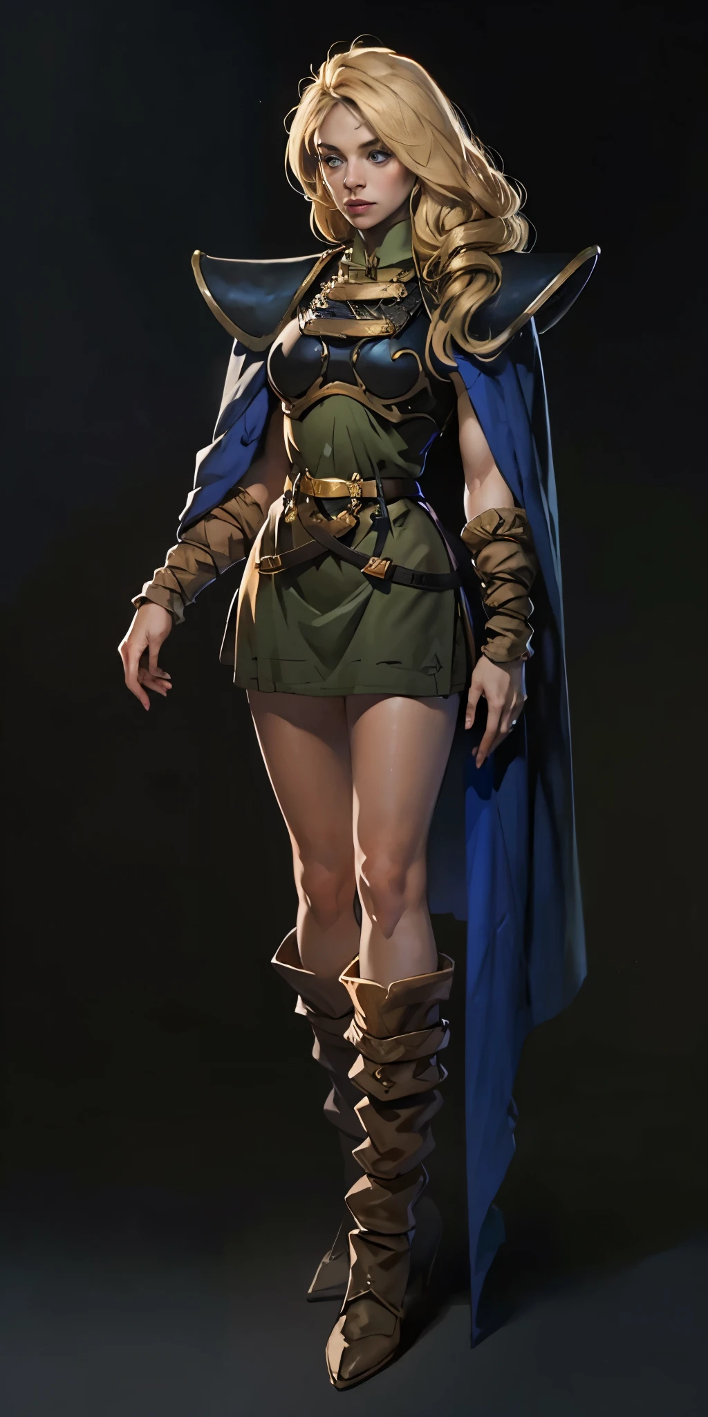 (masterpiece, best quality) (black background) full body standind straight symmetrical, FEMALE warrior princess Mercedez Von Martritz, twin big belt around waist, long curly blonde hair, very white skin, female wearing full body bikini armor with red cape, brown leather boots, adventurer outfit, veteran warrior milf bimbo