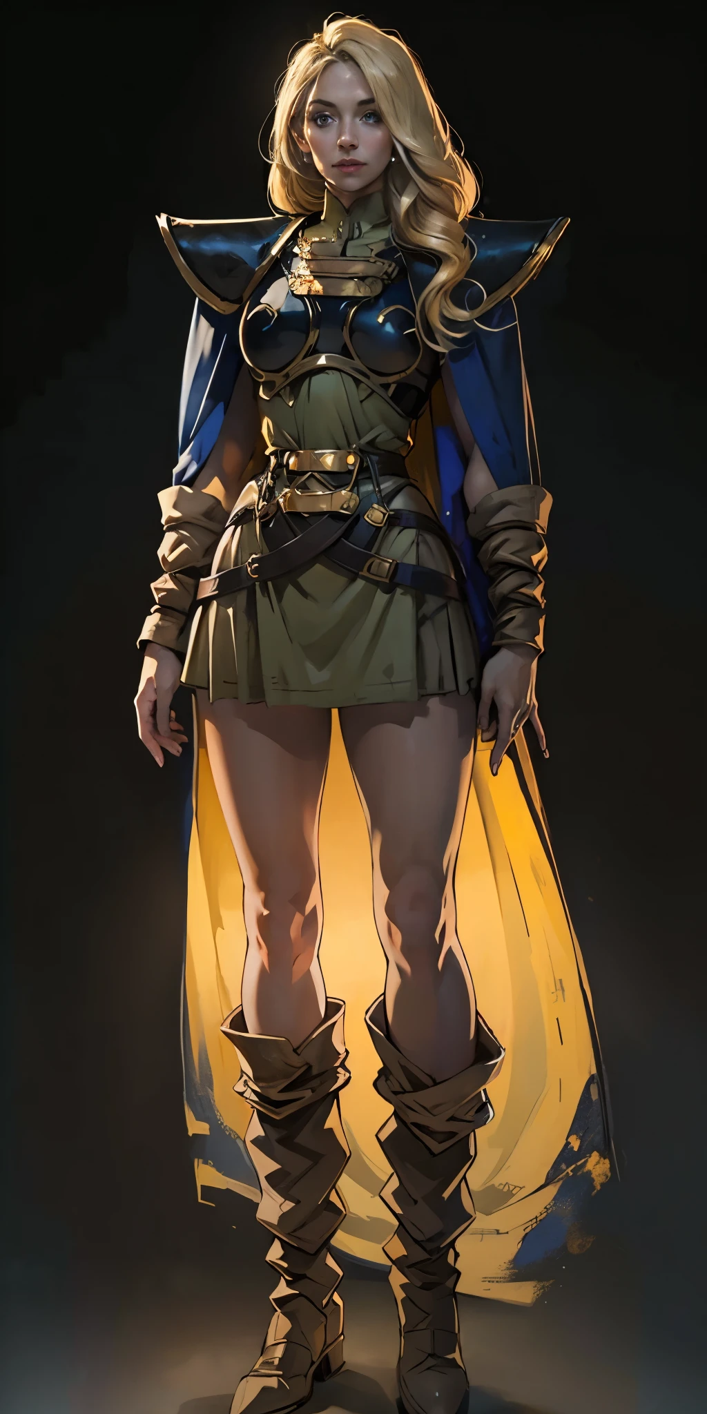 (masterpiece, best quality) (black background) full body standind straight symmetrical, FEMALE warrior princess Mercedez Von Martritz, twin big belt around waist, long curly blonde hair, very white skin, female wearing full body bikini armor with red cape, brown leather boots, adventurer outfit, veteran warrior milf bimbo