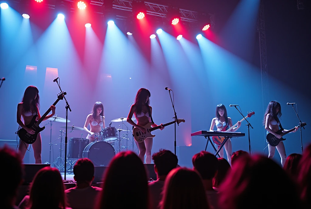 girls, teens, rockband, playing instruments, on stage, naked