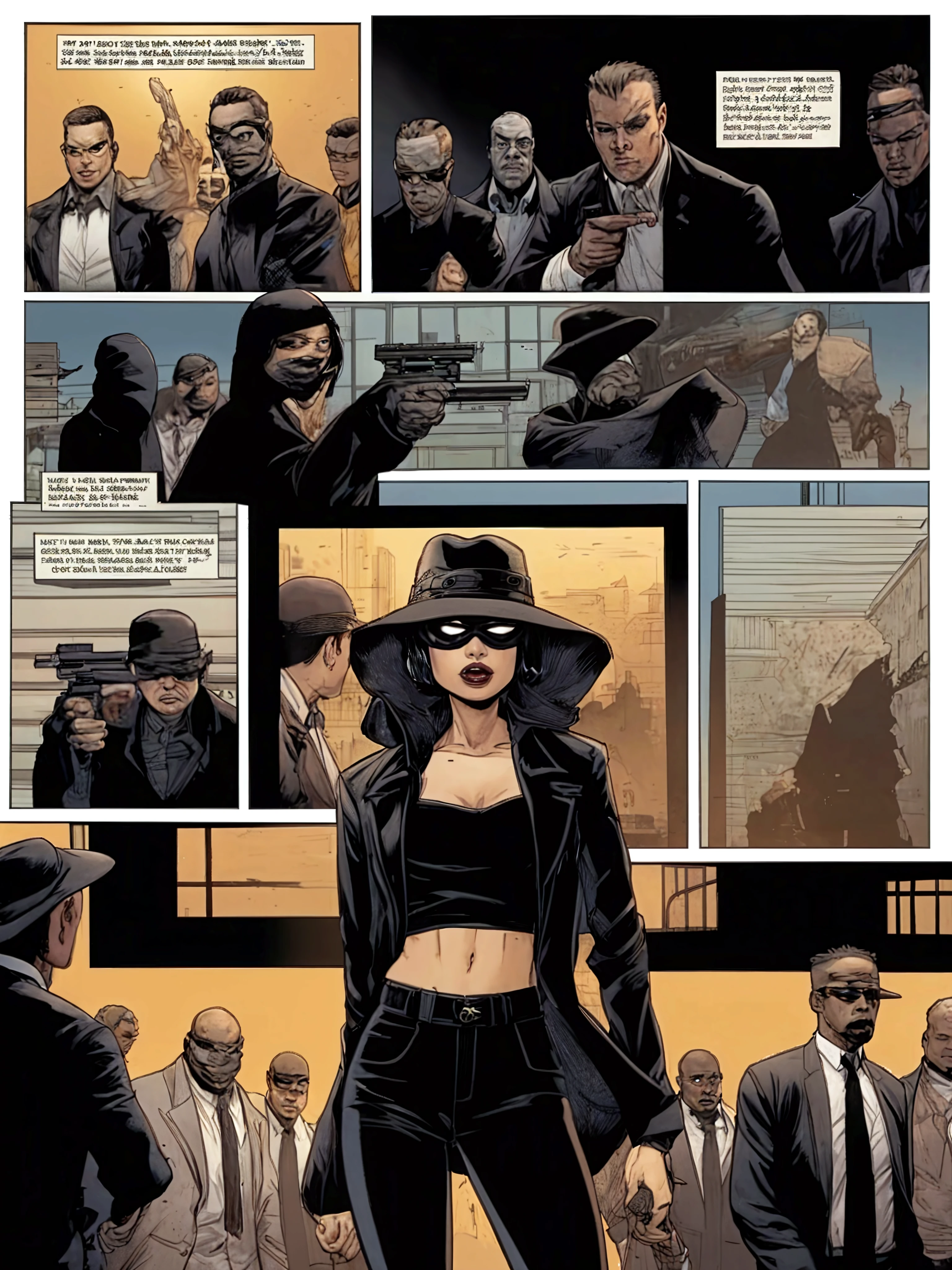 Black and white comic beautiful vampire tougher than steel girl dark short haircut arms on hips in sexy lingerie laughing while gangsters shoot their weapons at her bouncing all the bullets off her invulnerable body many flashes of light when the bullets hit her body