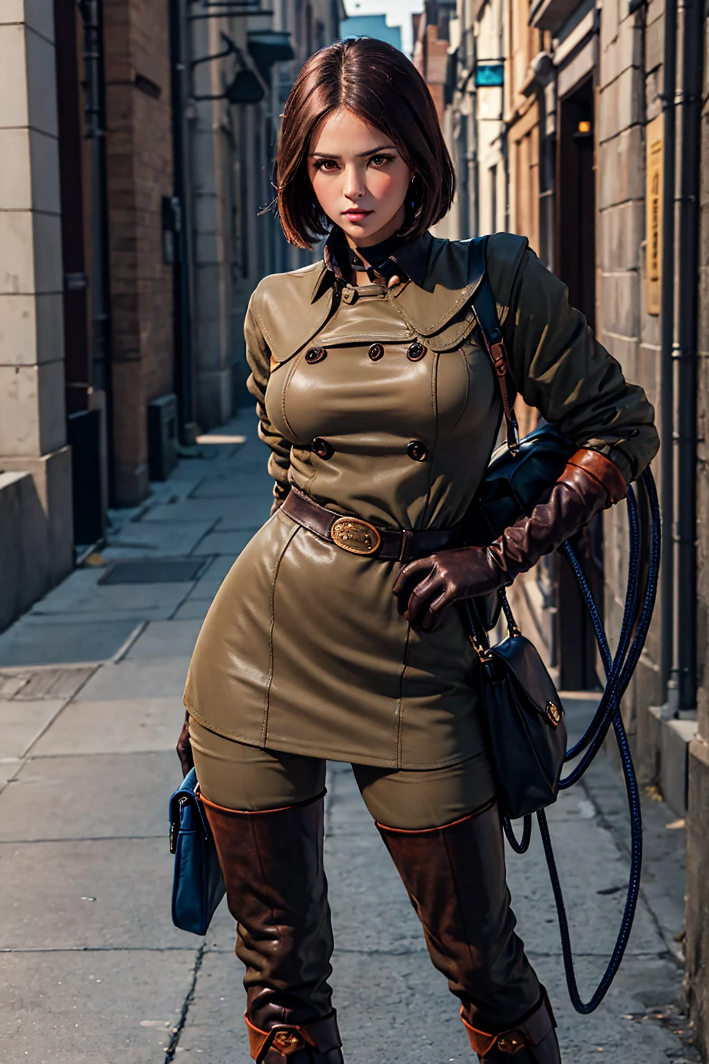 Prompts
Copiar prompts
(Best image quality, highest quality, Highest Resolution, Ultra-Realistic Images, Very detailed, masterpiece, 8k), One Woman, Brown medium hair, Khaki military uniform, Leather gloves, Leather boots, (With a blue whip), big Breasts, blush, serious look, Dynamic pose, Browsing Caution, half body, perfect face, perfect body