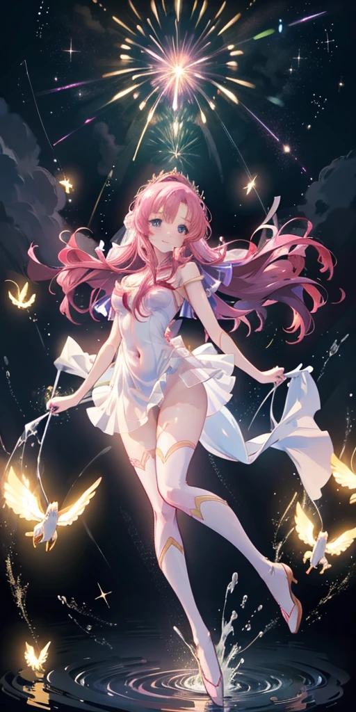 Magical Girl Transformation: An anime girl with long, flowing pink hair and sparkling eyes, surrounded by a swirl of magical light as she transforms into a powerful magical girl with a wand and a dazzling outfit.