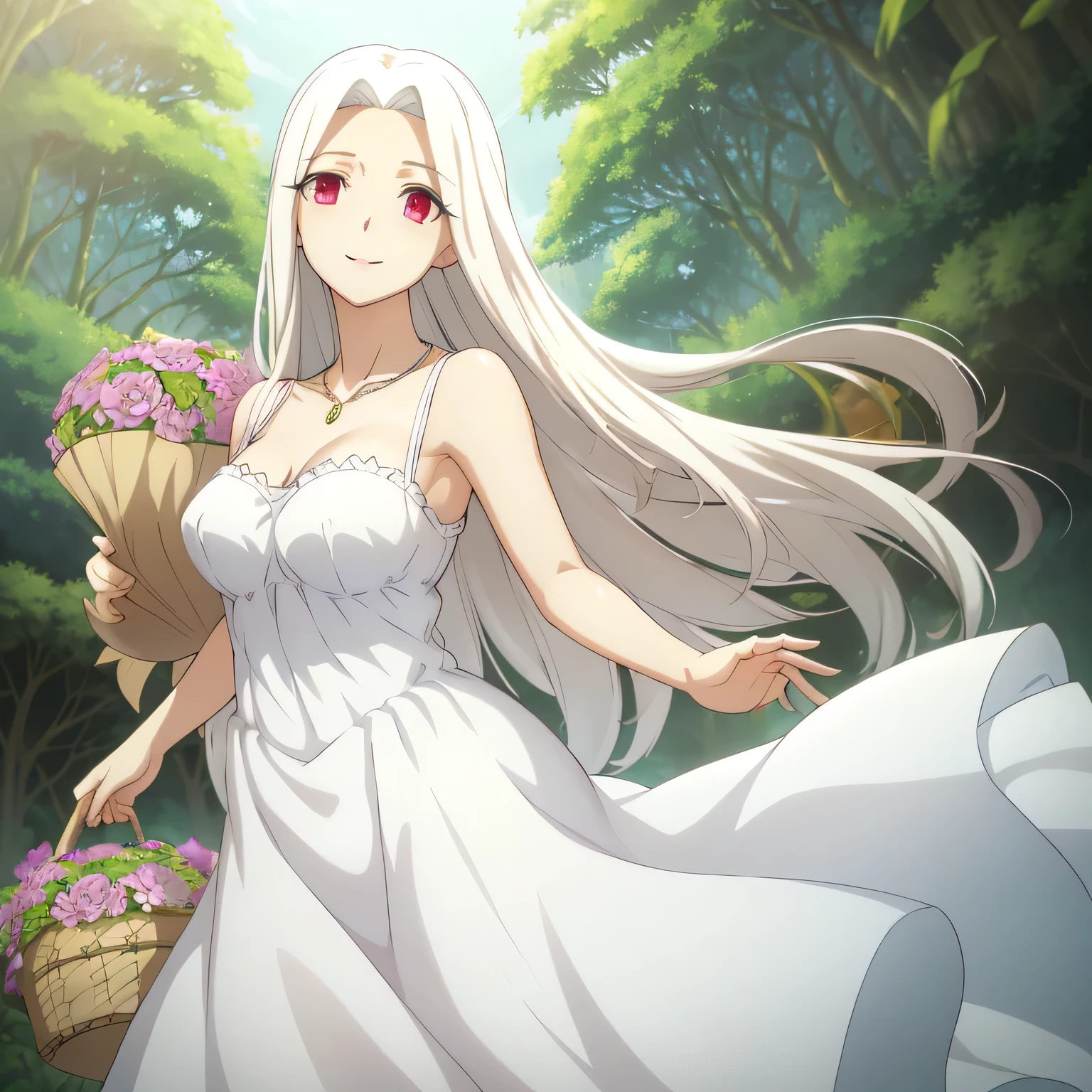 Irisviel,cold silky dress sleeveless,solo,looking at viewer,beautiful smile,arm at side,middle size of breast,beautiful necklace,tall breasts,flowers in air,in beautiful jungle,irisviel,carrying a flower basket,Shining in irisviel breasts,