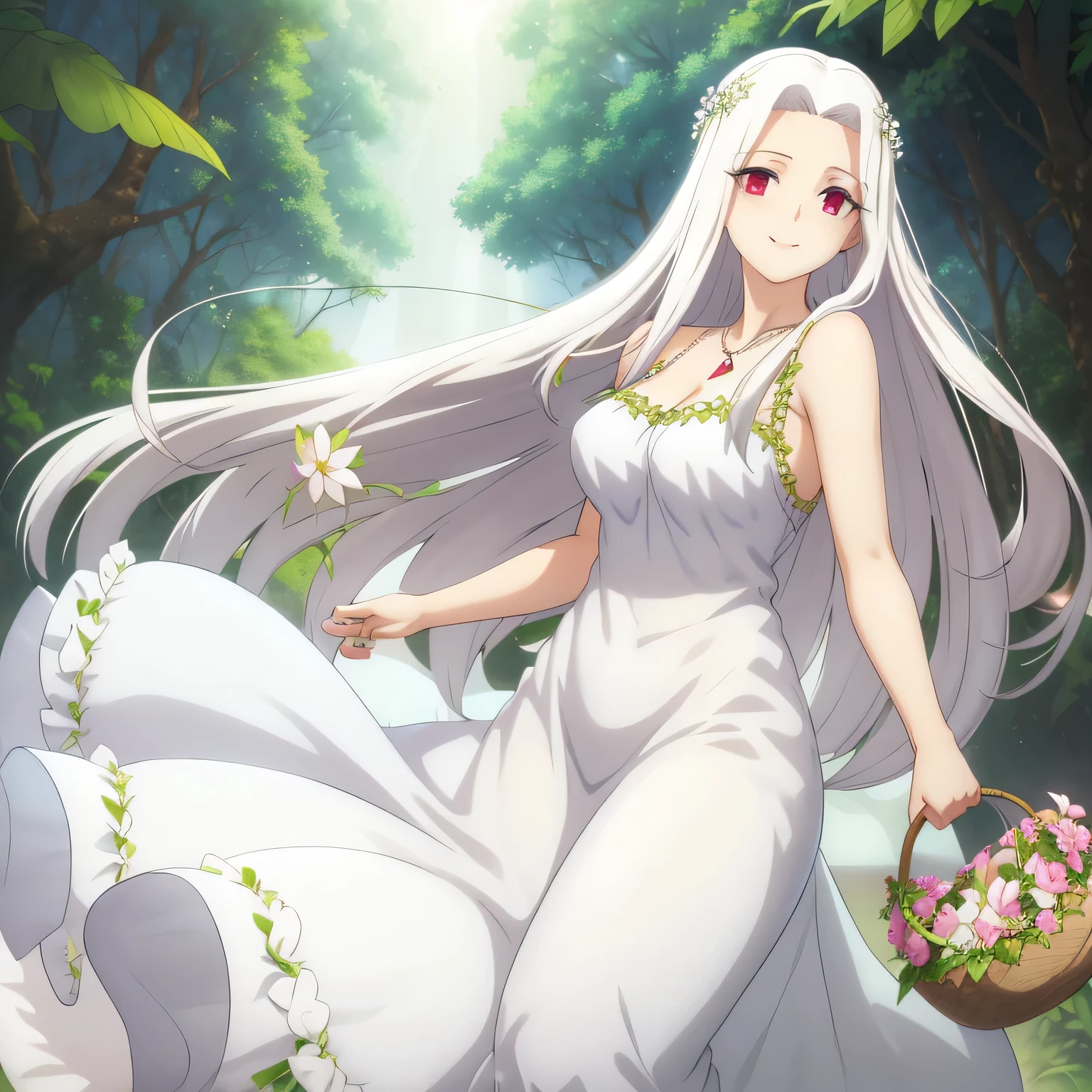 Irisviel,cold silky dress sleeveless,solo,looking at viewer,beautiful smile,arm at side,middle size of breast,beautiful necklace,tall breasts,flowers in air,in beautiful jungle,irisviel,carrying a flower basket,Shining in irisviel breasts,