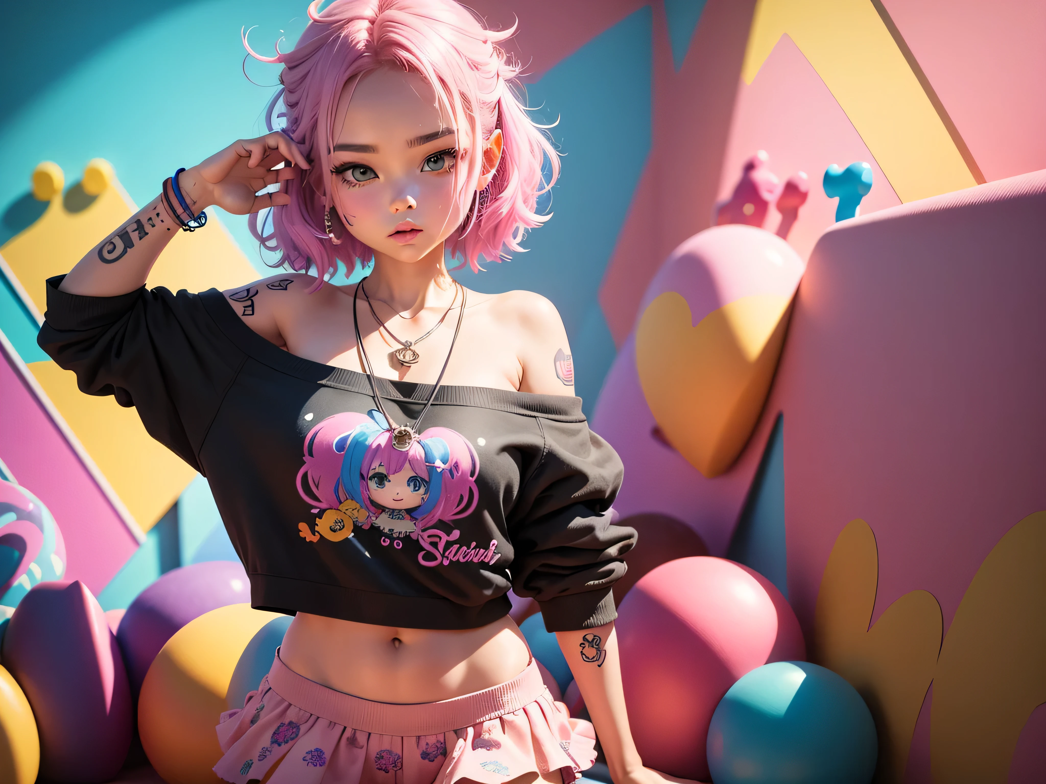 ((masterpiece, best quality, Highest image quality, high resolution, Reality, RAW photos, 8K)), Ultra wide angle, 1 Girl, (Lower Bust:1.4),(Smile:1.5),Colorful underwear,(((Bright colors))),Long messy colored hair:1.35,Complex hairstyle,Beautiful and delicate eyes,(Lower abdomen,Willow Waist,Wide hips,Model physique,Inflatable legs,Detailed body), Cute big breasts,((((Colorful cropped hoodie,)))), Colorful little wings,(Dynamic poses:1.0),Just focus,Neon lights are particularly eye-catching, at night, starry night, universe, Art Photography,(Photo by sldr),high resolution, Clear focus, (Realistic artwork:1.37),(extremely detaild的 CG unified 8k wallpapers),((Synthwave Background Theme)),complex,It的 a perfect face,Perfect facial details,Realistic face,Live photos,