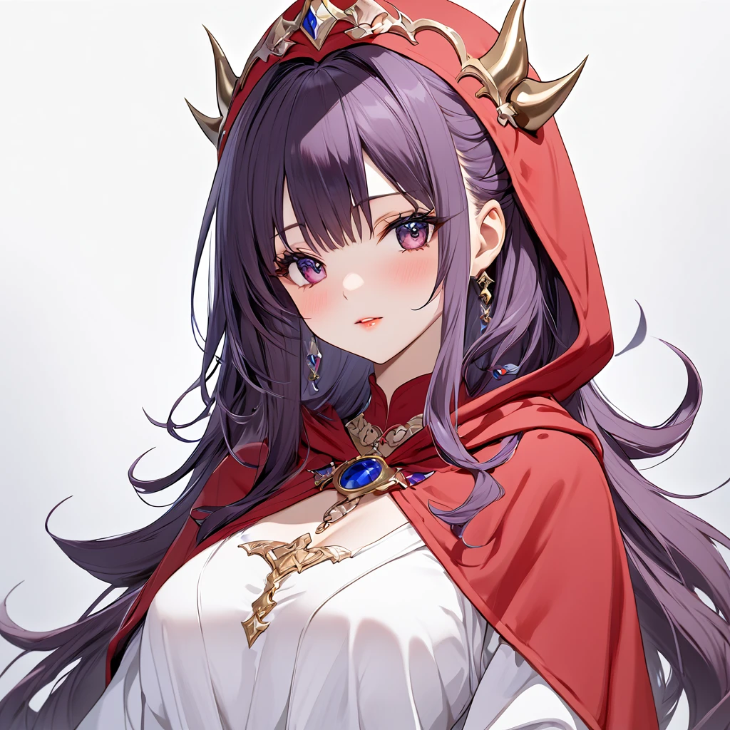 ((Highest quality)), ((masterpiece)), (detailed), （Perfect Face）、The woman is the princess of Moonbrooke and wears a white robe and a red hooded cloak.、She is a demon priestess