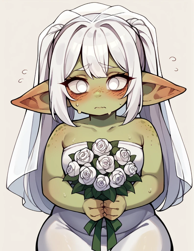 A goblin raping a girl ,stortstack,{{Wearing a white translucent wedding dress}}（white  Hair,Double ponytails）{Wearing a transparent white veil},bangs（Heavy sweating）Shy expression，blush，Freckles on the face，chubby,white eyes，Wide hips，{Holding bouquet of flowers}{Green Skin}