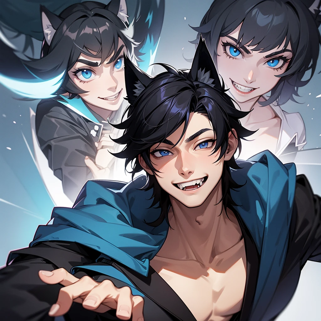 ****ung man, Alone, black hair, wolf ears, blue eyes, character design, animated style, light smile, Fangs