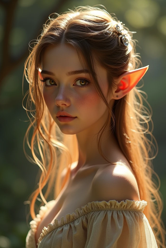 (Masterpiece, high resolution, Realistic photos:1.3), A flowing image of a forest elf warrior., sit,blonde black hair, lined up around you, Beautiful face, sweet, cute, bright blue eyes and sparkling., body jewelry,Red lips are full and seductive., Dressed in a form-fitting purple elf warrior outfit., Show off your perfect body with large, plump breasts., Her outfit hugged her curves., , Surrounded by lively flower gardens, The warm rays of the sun cast a magical light., A mesmerizing scene that captures the beauty and power of the Elven kingdom..,bokeh, flares, fog,smoke