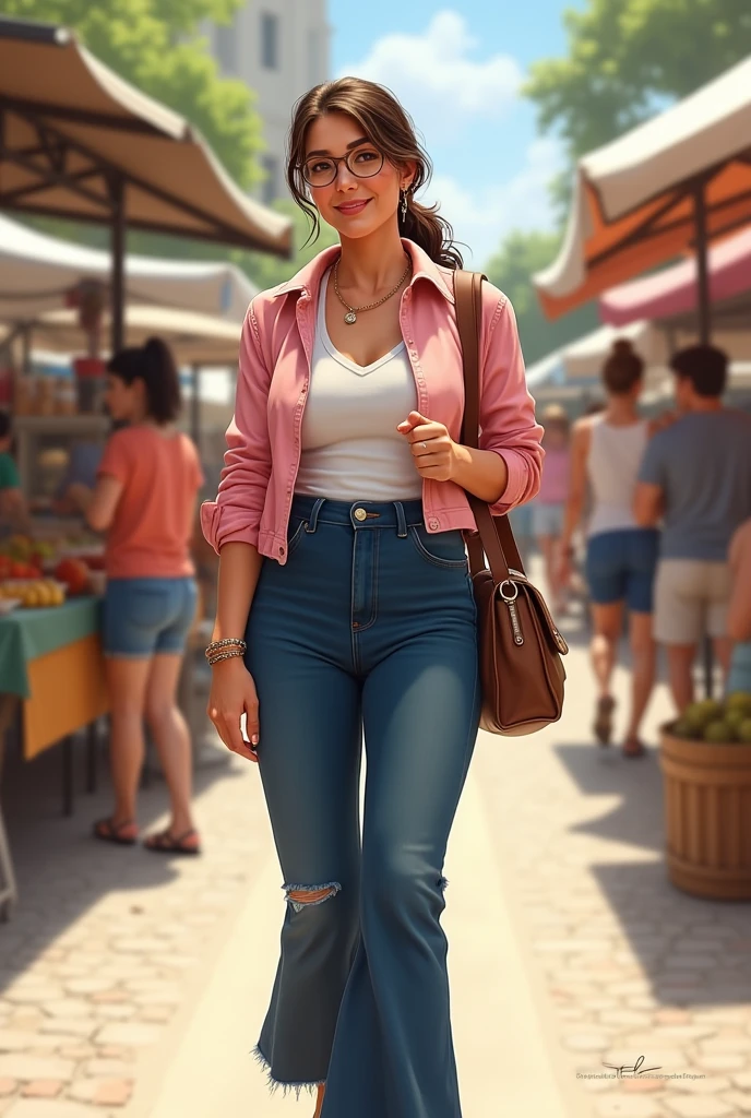 Full body beautiful white skin latin woman, 5'7" tall, ponytail medium brown hair, deep green eyes, wearing zip up coloured white and pink winbreaker shell jacket, white and floral wide leg pants, rolled up sleeves, zipping up jacket, up collar, closed zipper doing a cleavage, red shirt, happy smile, walking on shopping center, high hill sandals, summer sunny day, bag, sun glasses over head, watch and bracelet, neck chain, ear rings