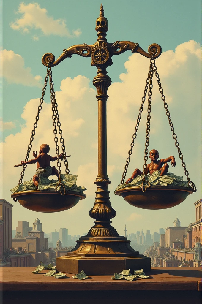 drawing of a scale of justice tilted to one side, with people suffering under the weight of the scale, representing the injustice and consequences of non-compliance with IHL.