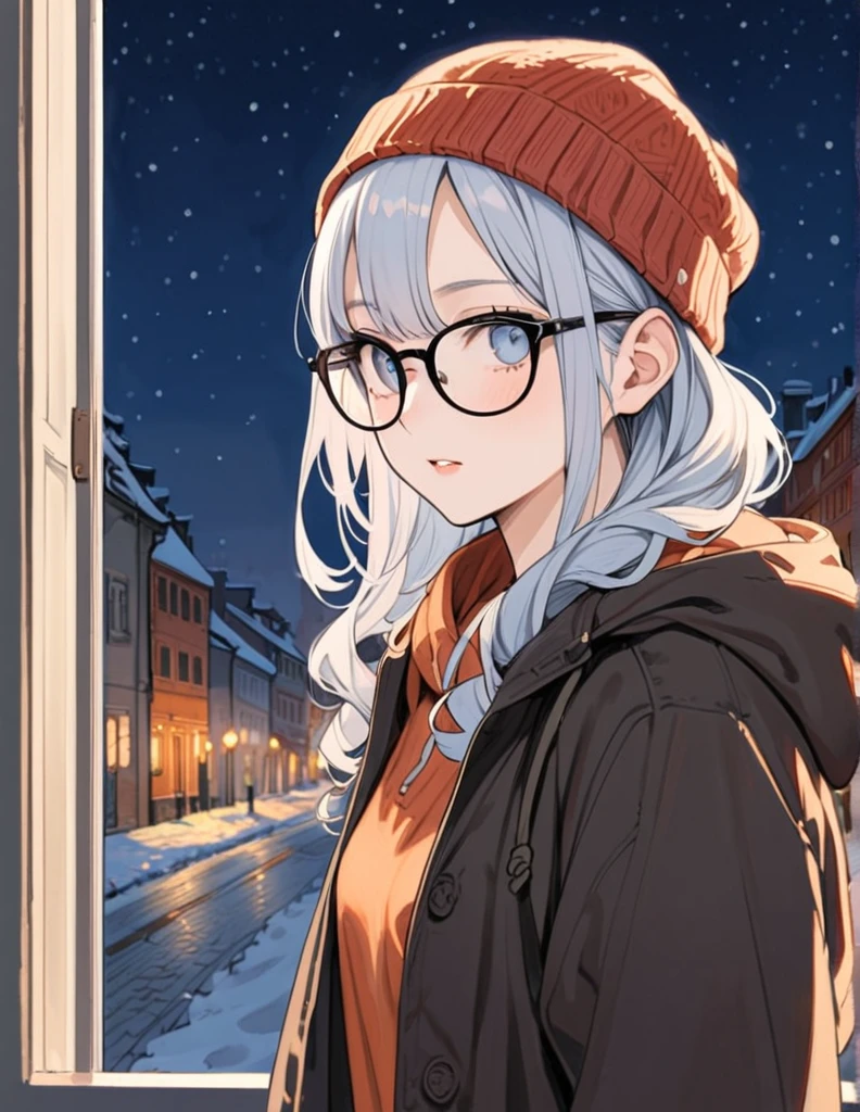 1 female, 20-year-old, alone, thin, thin, Small breasts!!!, Loose Curly Hair, Bedhead, amount, thin, thin, (((Knitted hat, Glasses))), hoodie, Skinny skirt, Are standing, art, Colored pencil drawing, draft, White Background, Portraiture,The background is a snowy old town,Streets of Europe,evening,Pale Light,A lit window,whole body,High resolution, Anatomically correct, Highest quality, 