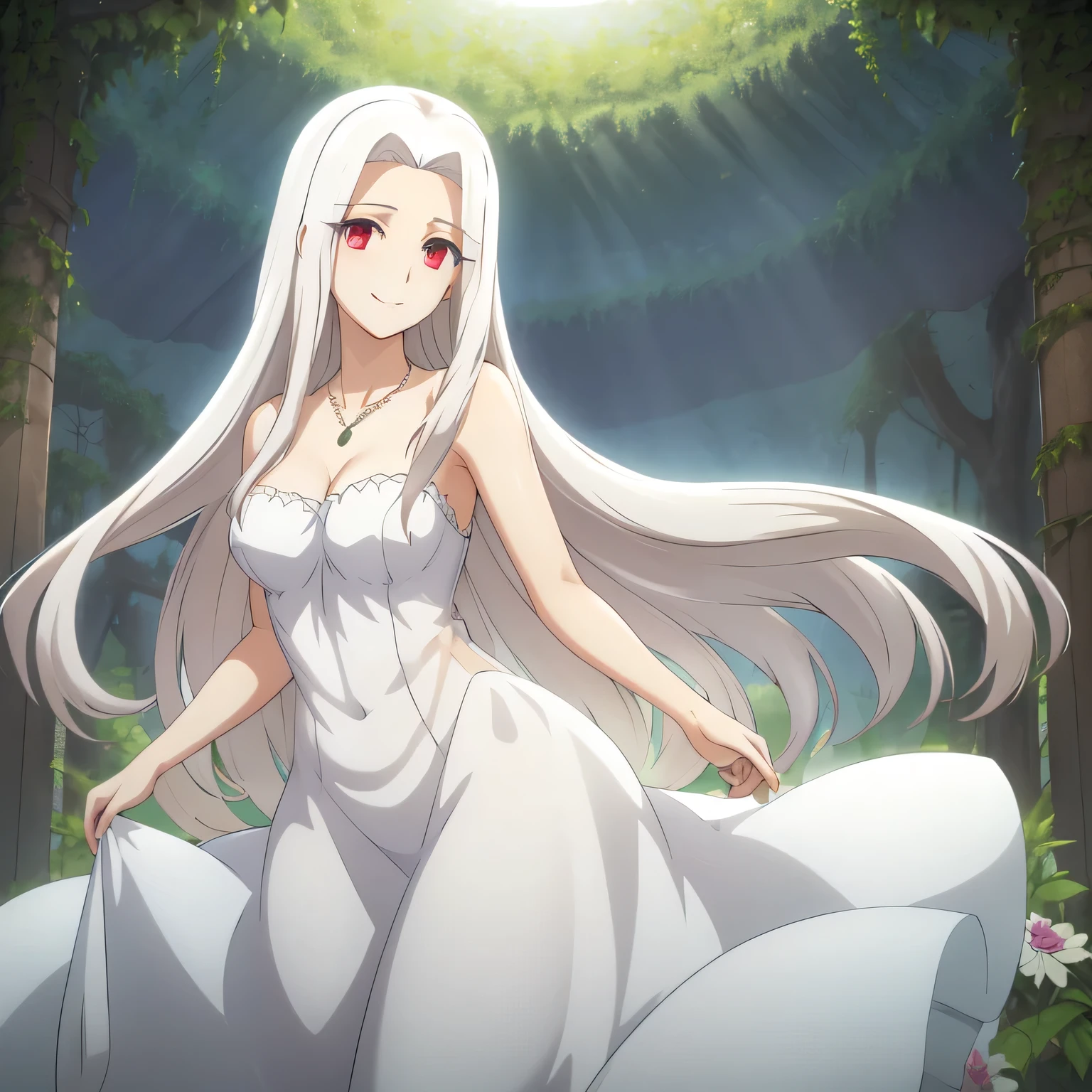 Irisviel,cold silky dress sleeveless,solo,looking at viewer,beautiful smile,arm at side,middle size of breast,beautiful necklace,tall breasts,flowers in air,in beautiful jungle,irisviel,,Shining in irisviel breasts,someone try rape irisviel 
