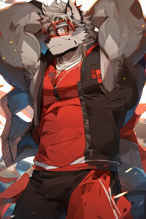 A Very Muscular Furry Gray Wolf. He is All clothless. His both hand is Together behind his head. The background is solid Gray. He have a little messy and little spikey hair. He is looking at the viewer. His eye are amber. He wears a black and red glasses. He is standing in the background. He is blushing