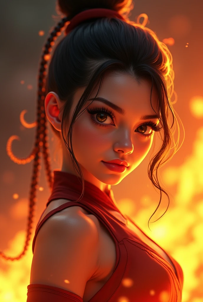 A highly detailed and realistic 1girl with brown hair in a ponytail, wearing a red bra dress, standing in front of a simple gold color background, giving a cute stare, with an eclipse background, masterpiece, high quality, HCNONE, pixel art