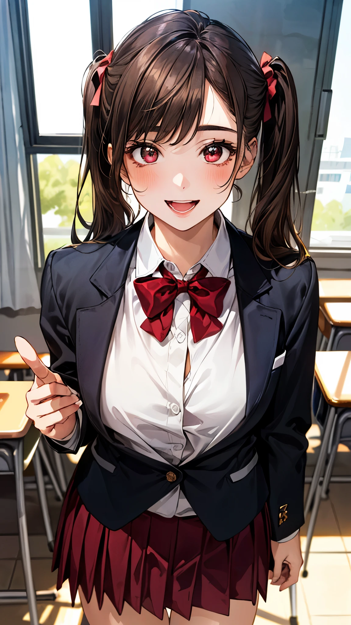 (masterpiece:1.2, top-quality, ultra high res, ultra detailed), (realistic, photorealistic:1.4), beautiful illustration, perfect lighting, natural lighting, colorful, depth of fields, surrealism,
beautiful detailed hair, beautiful detailed face, beautiful detailed eyes, beautiful clavicle, beautiful body, beautiful chest, beautiful thigh, beautiful legs, beautiful fingers, 
looking at viewer, (face focus, upper body), 1 girl, japanese, sculpture model, perfect face, (perfect ???????, anatomically correct), cute and symmetrical face, babyface, , shiny skin, 
(long hair:1.7, straight hair:1.0, rosy brown hair), swept bangs, gold eyes, big eyes, slant eyes, long eye lasher, fang, (medium breasts:1.6, tight butt, seductive thighs), slender, 
((black blazer, (shocking pink knit vest,) collared white shirt, black pleated skirt, red tie)), black school socks, 
(beautiful scenery), morning, (classroom, chalkboard, window, ceiling light, curtains), sitting school desk, (hand in own hair), (seductive smile, open mouth small), 