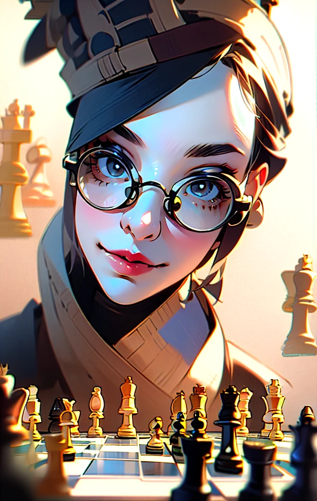 masterpiece, best quality, 32k uhd, insane details, intricate details, hyperdetailed, hyper quality, high detail, ultra detailed, Masterpiece, blurry backgrounddepth of field(wide shot, wide-angle lens,Panoramic:1.2),super vista, super wide AngleLow Angle shooting, super wide lens,
1girlsolo(chess piece:1.4)A mature facesideways glance, (cold attitude,eyeshadow,eyeliner:0.5),watery eyes,mole under eyeHat, (glasses:1.5)
jewelry earringschokercleavageeyes with light,
