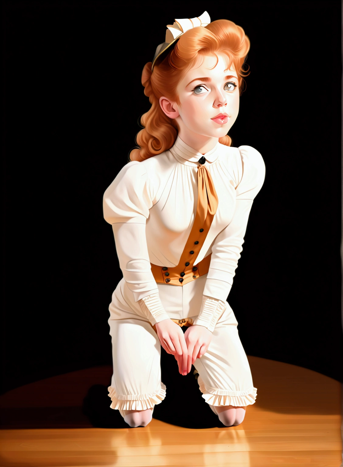 NSFW. Hot **** teenage strawberry blonde Gibson Girl (((kneeling, performing fellatio on a lascivious 69yo gentleman:1.5))) (((1900_dr3ss:1.5))). High-collar long sleeve shirtwaist wide-brimmed picture hat, long skirt, petticoats, ((thigh-high silk stockings)), boots. Updone hairdo. Orgasm. (((Hourglass figure))). Year 1900