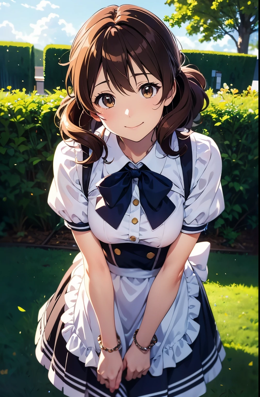 Ultra-precision,masterpiece,(Anime illustration style:1.2),Photographed from the front、smile,Kumiko Omae、Highest quality,Very detailed,Outdoor,One Girl、 Brown eyes, Brown Hair, skirt, セクシービクトリア朝Maid clothes、Maid clothes、白いMaid clothes,garden,Closed Mouth、Brown Hair,(Realistic, Genuine, Genuine的、Realistic:1.2), Highest quality、 Cowboy Shot、Leaning forward