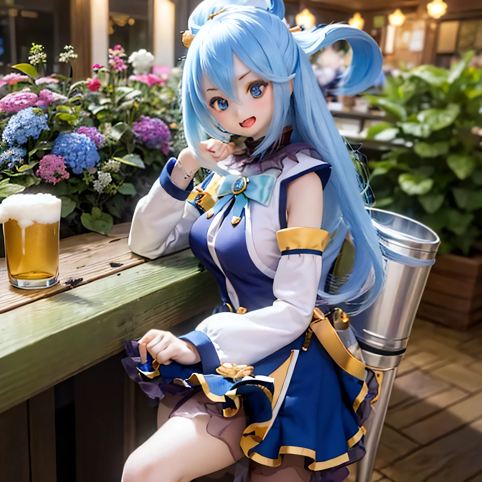 (a young girl and) Blue Hair, (wear) a white and blue dreSS, (Holding) staff, (Standing) wealthy, Vibrant Gardens, (and) At the bar (Holding a mug and drinking beer) Around her, (Down) Clear blue sky.(((((punch)))))
(Portraiture) girl&#39;S, (Realistic) rendering, (and) (Very detailed) Features, (Inclusive) Sparkling Blue EyeS, (薔薇Farbeの) lips, and (length) eyelash.
(Highest quality, 4K, High resolution) image, (and) (vivid) Farbe, (Emphasis expressed) girl&#39;s and lively appearance.
(the garden iS filled and)  (end) a warm and inviting atmoSphere, (and) Light up the scene.villain poSe
have a magic wand (((open your mouth and laugh)))