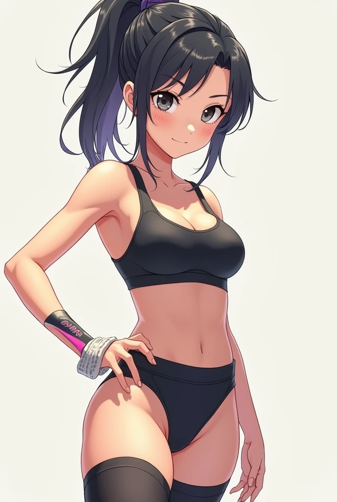 (hinata\(boruto\), (extremely high quality, anime, tall woman, cowboy shot, side view, (white tiger pattern bikini), off-shoulders, smile), ((bent hands, closed fists)), (medium-big breasts, cleavage), closed mouth), (posing for the viewer), pale skin, biceps, ((dark blue, short hair, hime cut، loose hair, floating hair), (background: simple white background only), (background: simple white background only)