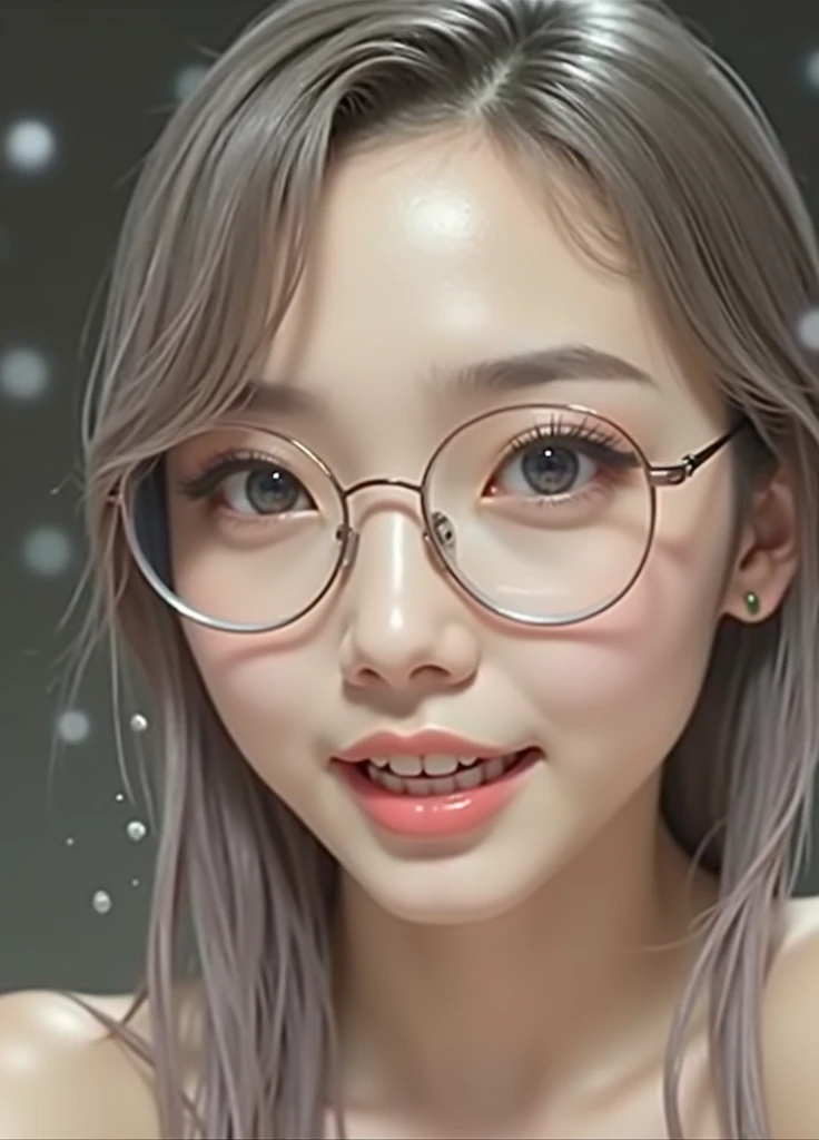 (8K, Best Quality, Masterpiece, Ultra High Definition: 1.2) Asian, Curly, Big Eyes, (detailed_face), Round Glasses, Tight Black Shirt, Selfie, Big Photos: 1.3, Open Mouth, Tongue Out of Mouth, Sexually Aroused Face
