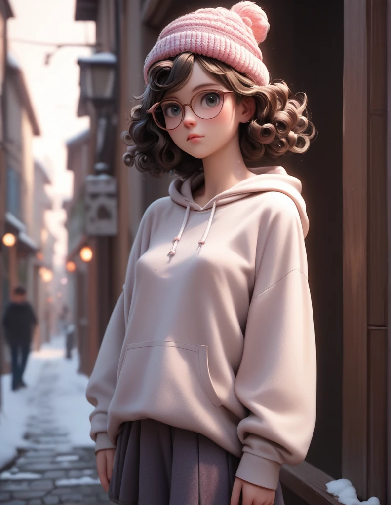 1 female, 20-year-old, alone, thin, thin, Small breasts!!!, Loose Curly Hair, Bedhead, amount, thin, thin, (((Knitted hat, Glasses))), hoodie, Skinny skirt, Are standing, art, Colored pencil drawing, draft, White Background, Portraiture,The background is a snowy old town,Streets of Europe,evening,Pale Light,A lit window,whole body,High resolution, Anatomically correct, Highest quality, 