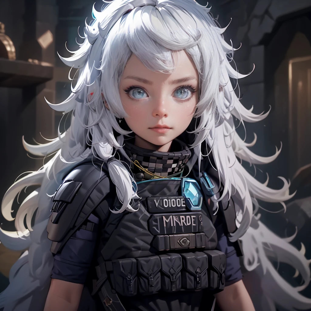 envision a 8k, highres, cinematic, beautiful close up portrait of a girl with white hair, gray eyes, Riot Gear, Tactical accessories, black tight suit, fantasy armor, jrpg inspired armor, in dark lighting, against a dark gray background