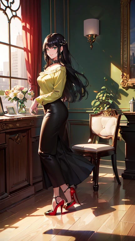 A picture of an elegant woman with beautiful long hair, decorated with a delicate jasmine vase, standing in a standing posture, charming body, high hips, The image draws the viewer in with the beautiful gazette of the grand library. expertly crafted; High-resolution digital painting reveals intricate details and evokes the beauty of emptiness and ingenuity. The warm light highlights her features and the soft c's on her face, while the soft background adds depth to the composition. Admirable craftsmanship (acmmsayarma outfi t, acmmsayarma white top with buttons, long sleeve es); (acmmsayarma green long skirt))