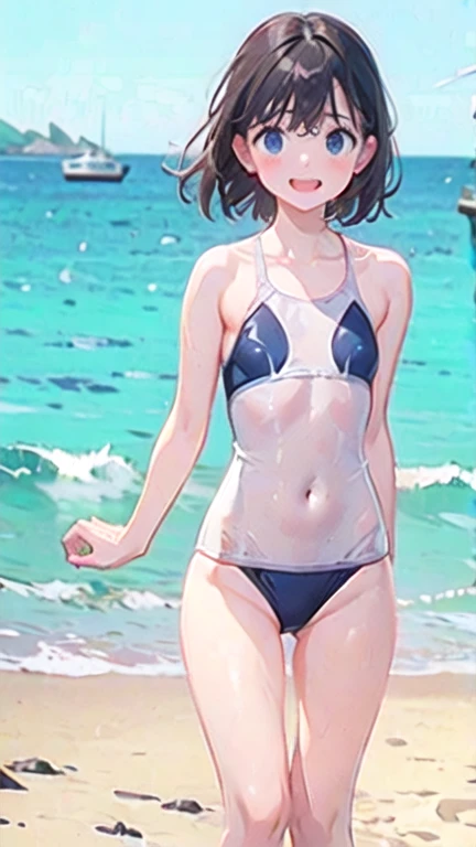 Young Girl，Ocean、Beach，Embarrassed Laugh、Exact number of legs、Exact number of arms、refresh、Light clothing、Beach、Skin-colored swimsuit、High Leg、See-through swimsuit，Very short stature，Flat Chest，Thin limbs，Thin thighs，Swim ring，