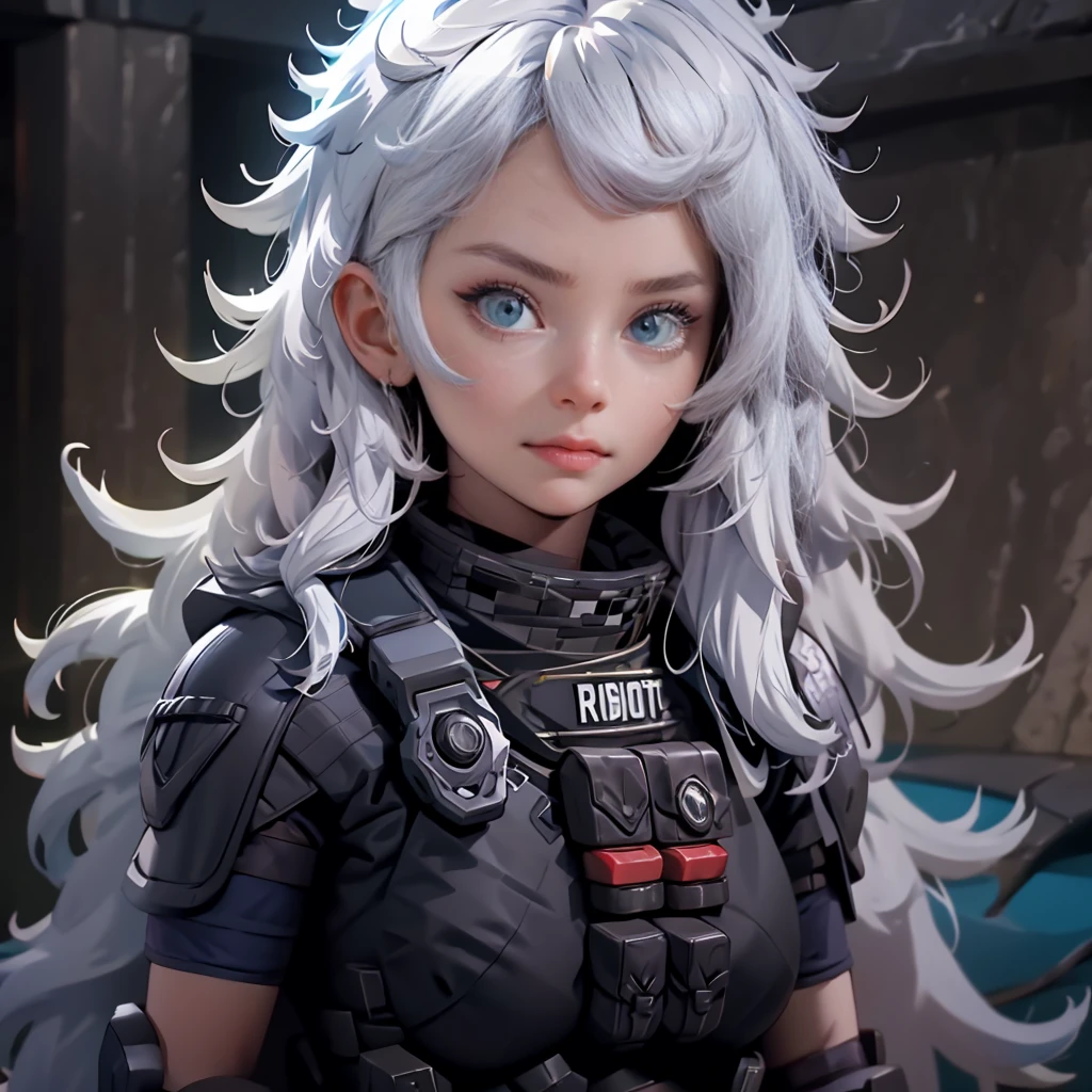 envision a 8k, highres, cinematic, beautiful close up portrait of a woman with a mature face with white hair, gray eyes, Riot Gear, Tactical accessories, black tight suit, fantasy armor, jrpg inspired armor, in dark lighting, against a dark gray background