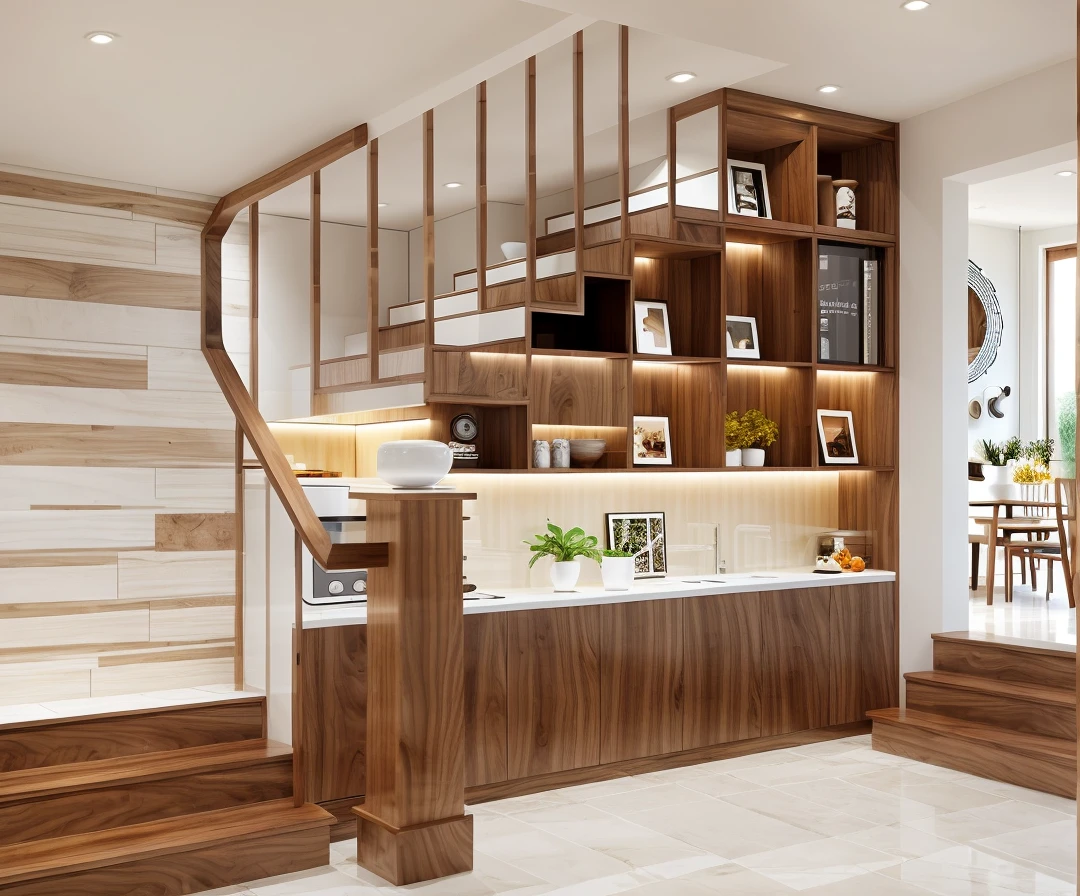 minimal kitchen interior, walnut panel and white panel rough-hewn material, exposured wood, stucco wall, tiled floor, refrigerator, cozy lighting