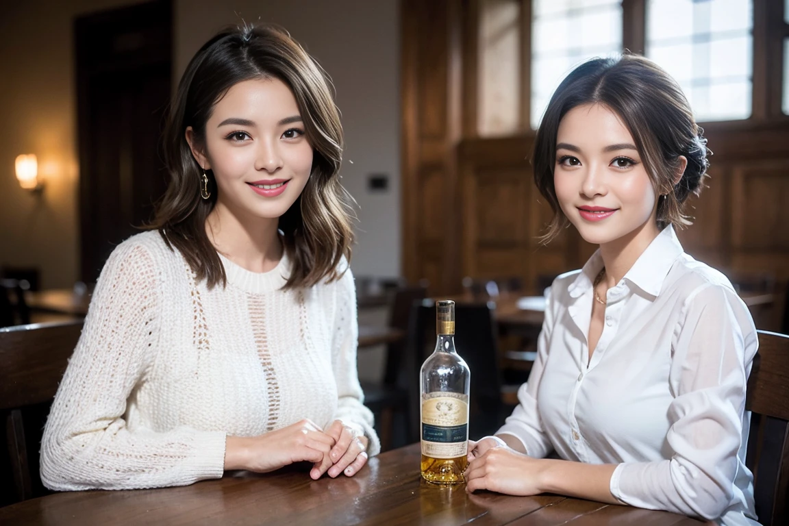 ((Highest quality、8k、masterpiece:1.3))、Whiskey bottles、whiskey、Suntory、Nikka、slimカップル、modelカップル、(Realistic, Intricate details:1.2), full-course dinner、Whiskey bottle and glass on the table、Single Malt、scotch、Rocks glass、Shot Glass、on the rocks、Scotland、Amazing view of the sunset sky and clouds、A bright smile、The wonderfulness of smile、 Beautiful Face, blue eyes, The light shines on your face, blush, short hair,Bright Face、 (Age 37), 3,Two beauties、Brown Hair、Shortcuts、Long sleeve shirt、dress、Beautiful woman 1, (slimな顔), (The body is slim), (Brown Hair), (Shortcuts), cheeks turn a little red,Attractive beauty、restaurant, In a prominent place (From the waist up) Nova Frog Style, actress, model, Upper Body, White wine, slim, smile, (smile: 1.15), Beautiful fine grain, Depth f/2,saturation, High Contrast, Strong light and shadow,Moist Body:1.5、3D texture、Delicate eyes、Brown Hair、The hair is very shiny、