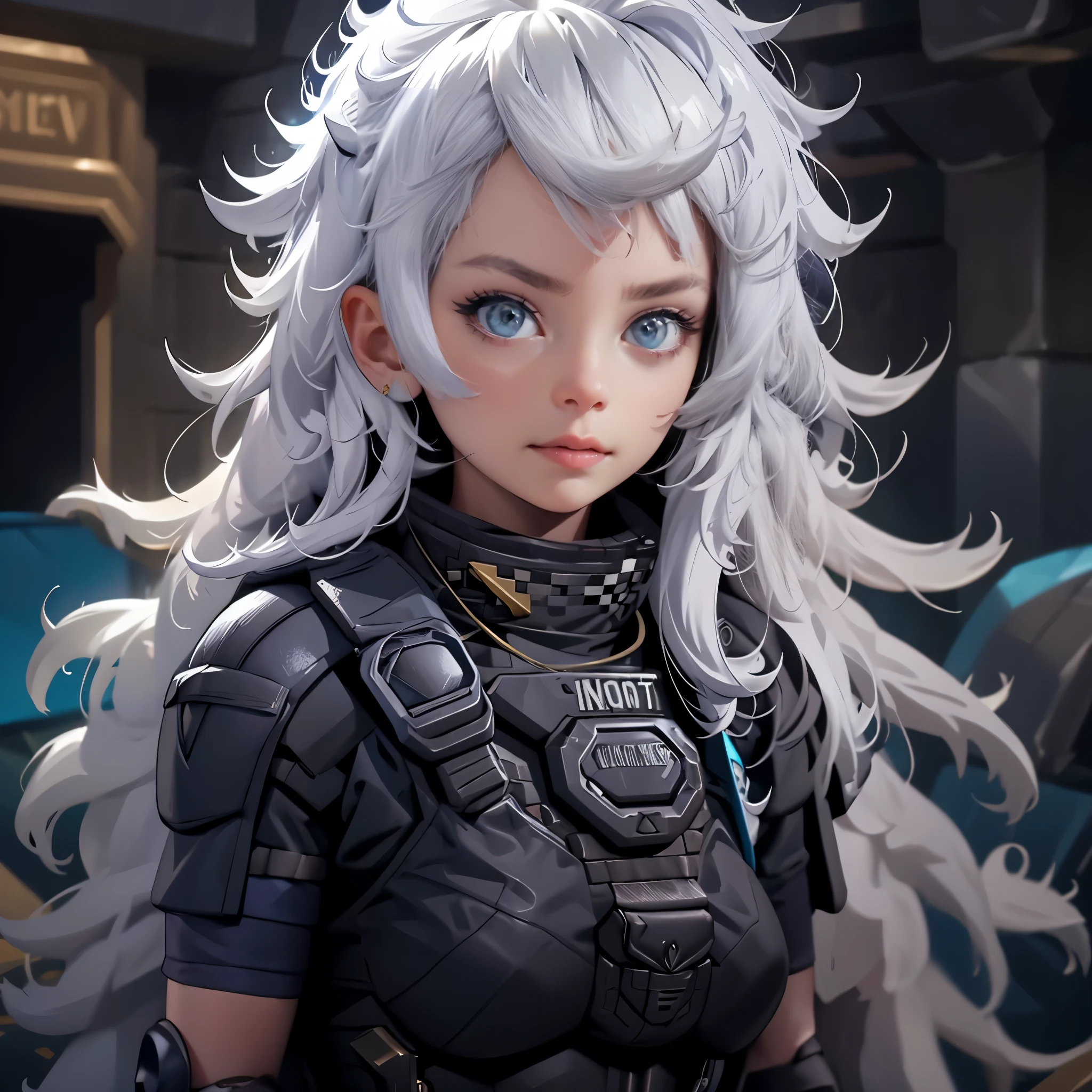 envision a 8k, highres, cinematic, beautiful close up portrait of a woman with a mature face with white hair, gray eyes, Riot Gear, Tactical accessories, black tight suit, fantasy armor, jrpg inspired armor, in dark lighting, against a dark gray background