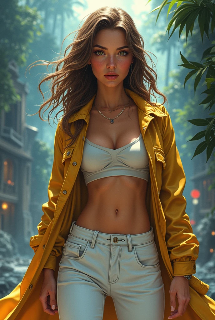 Cinematic. (((Comic book style, caricature))). Sandra Cretu poses for a photo (((in an epic heroic pose))) in his iconic form, showing off his belly, brown eyes, brown hair ((In white trousers and raincoat)). (((hot body, erotic fingers))). bright colors, a detailed face, realistic shadows and a bright, luminous image.