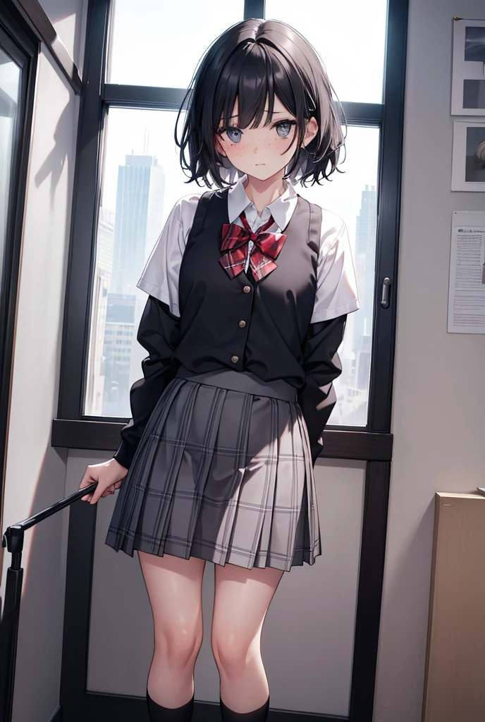 (masterpiece), expressive eyes, perfect face, 1 girl, soft smile, white school uniform shirt, grey miniskirt, ((crossed legs)), nice thighs, short grey hair color, blue eyes color, black headband